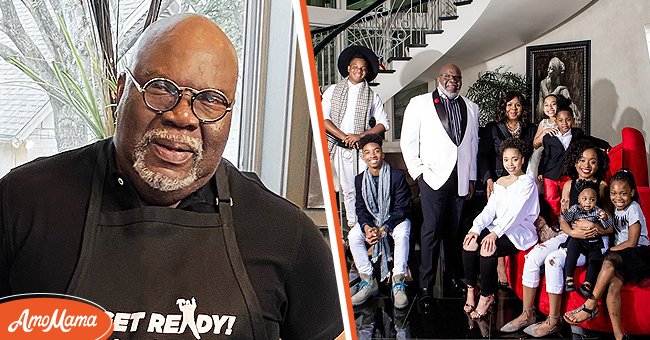 [Left] A portrait of T. D Jakes in an apron; [Right] T. D Jakes and wife, Serita Jakes with their children and grandchildren. | Source: instagram.com/seritajakes    facebook.com/SeritaJakesHome 
