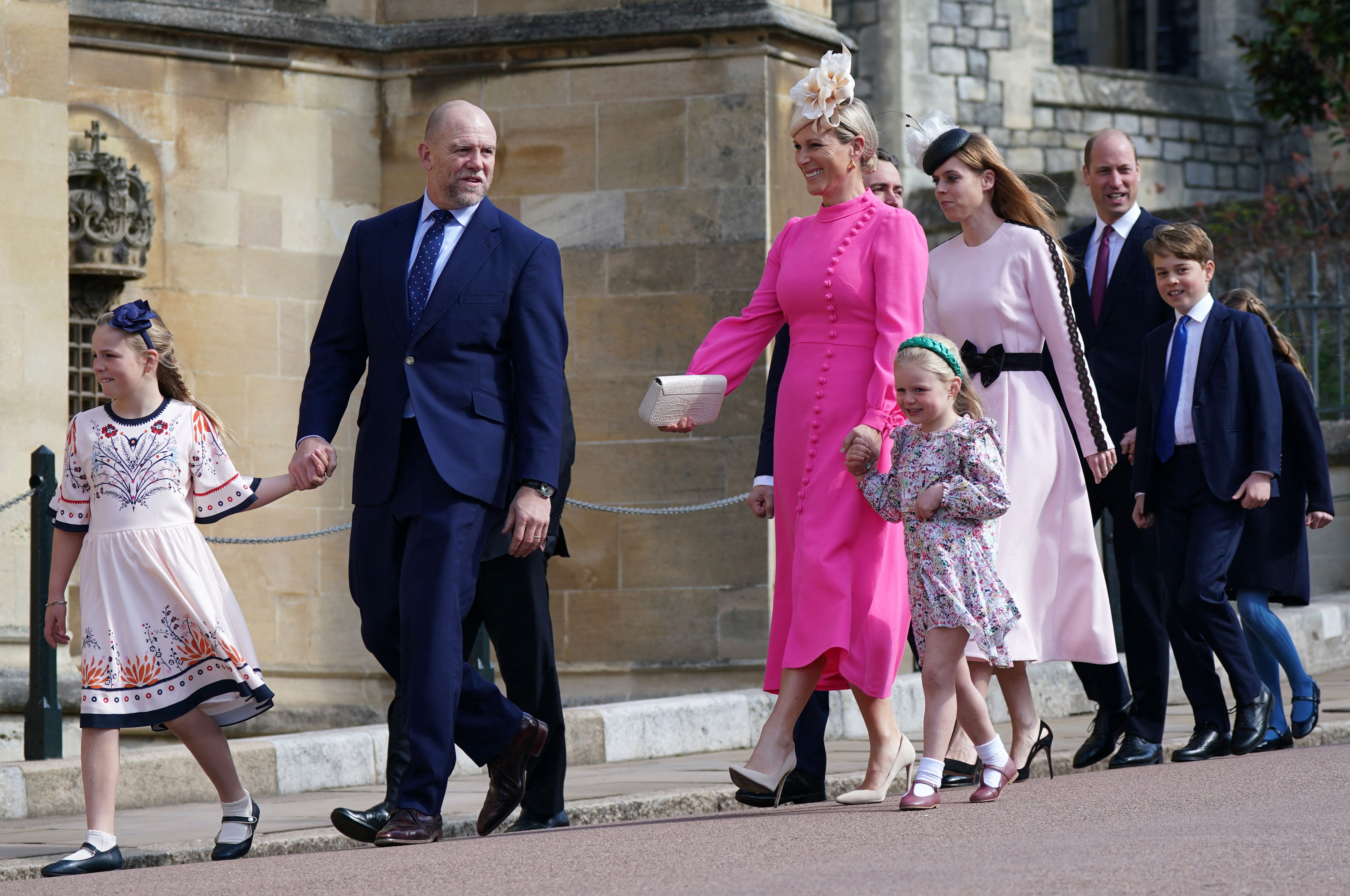 Zara and Mike Tindall with their children, Princess Beatrice of York and Edoardo Mapelli Mozzi, as well as Prince William, Prince George, and Princess Charlotte at St. George's Chapel on April 9, 2023. | Source: Getty Images