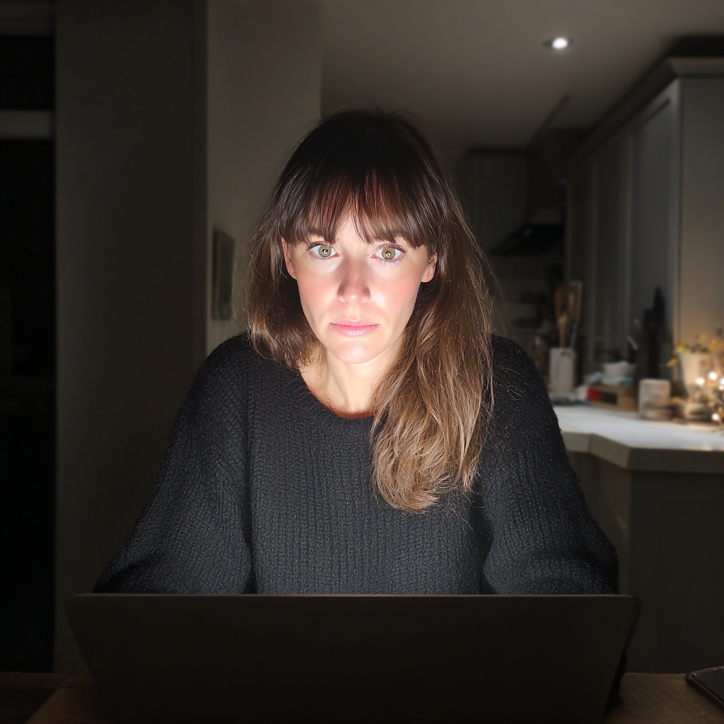 A shocked woman using a laptop | Source: Midjourney