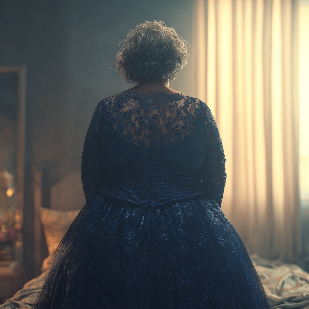 An older woman wearing a navy-blue gown | Source: Midjourney