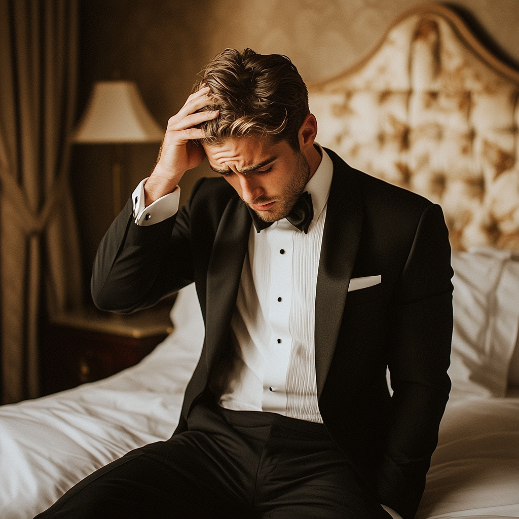 An upset groom sitting on a bed | Source: Midjourney