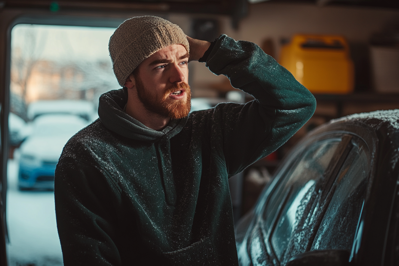 An irate man in a garage | Source: Midjourney