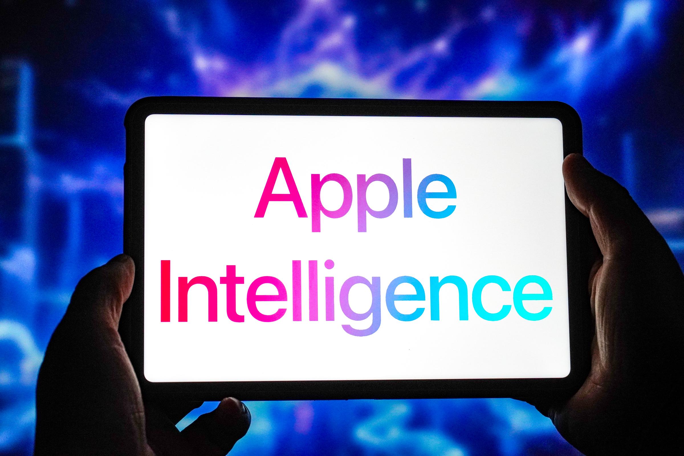 The Apple Intelligence logo is displayed on the screen of a smart tablet in China in 2026 | Source: Getty Images