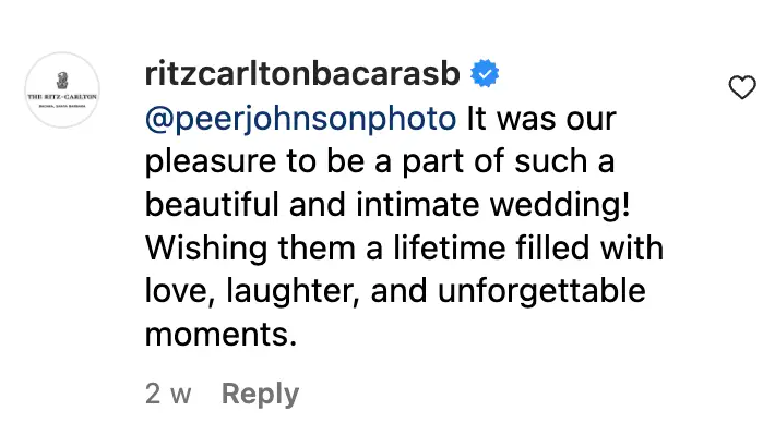 The Ritz Carlton Bacara's comment about Alex and Spencer Livingston, dated September 21, 2023 | Source: Instagram/peerjohnsonphoto