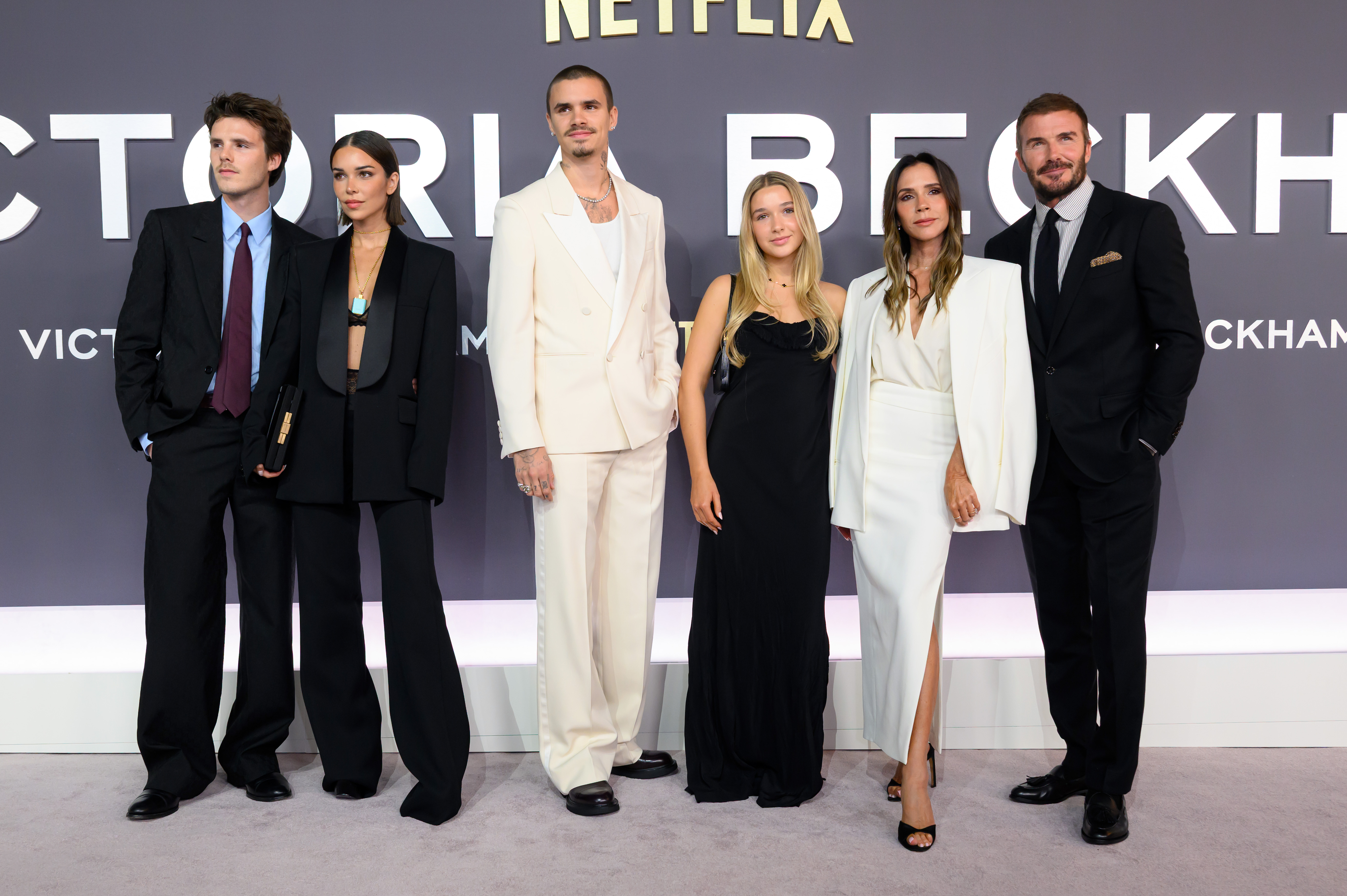 Cruz Beckham, Jackie Apostel, Romeo Beckham, Harper Beckham, Victoria Beckham and David Beckham attend the "Victoria Beckham" World Premiere at the Curzon Mayfair on October 8, 2025, in London, England | Source: Getty Images