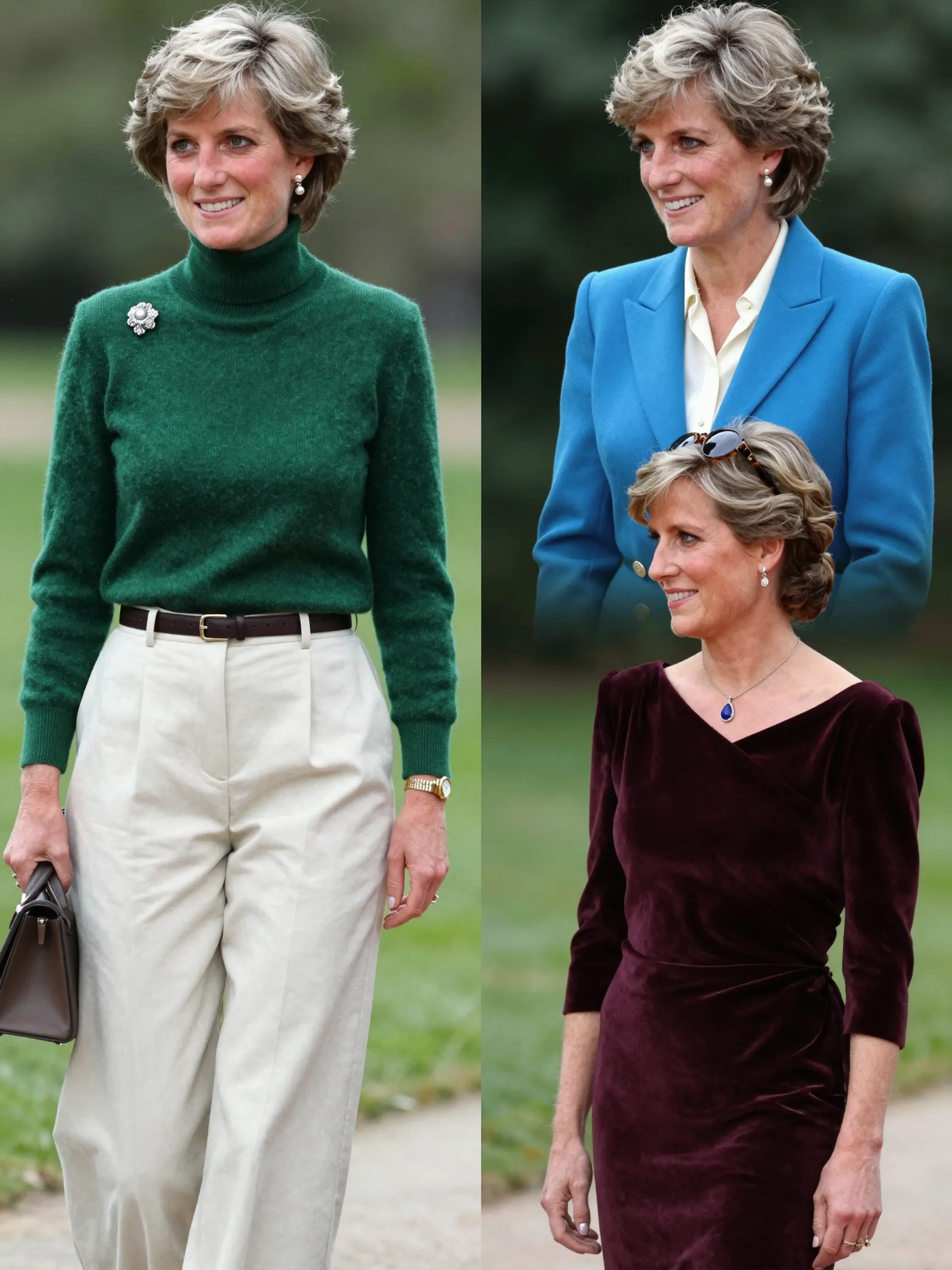 Here, Princess Diana is reimagined in both formal and casual moments — a green knit jumper and cream trousers suggest ease and warmth, while a cerulean blazer paired with pearls channels confident professionalism. These contrasting portrayals offer a window into the graceful versatility she was known for. | Source: Grok