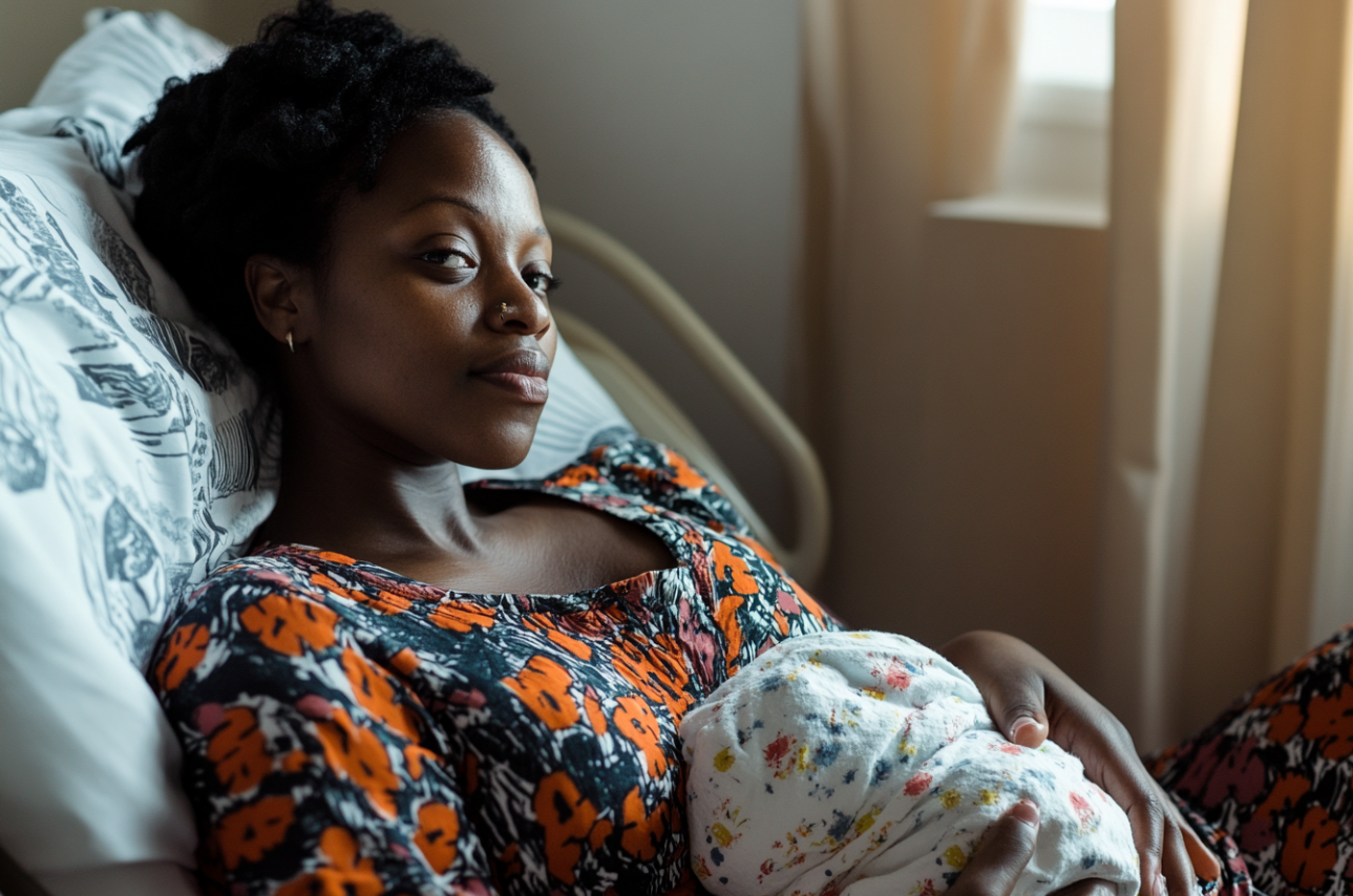 A woman holding her newborn baby | Source: Midjourney