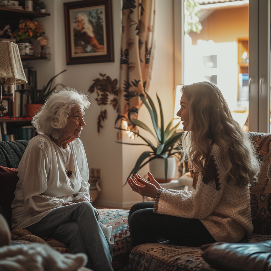 A woman and her grandmother talking in their living room | Source: Midjourney