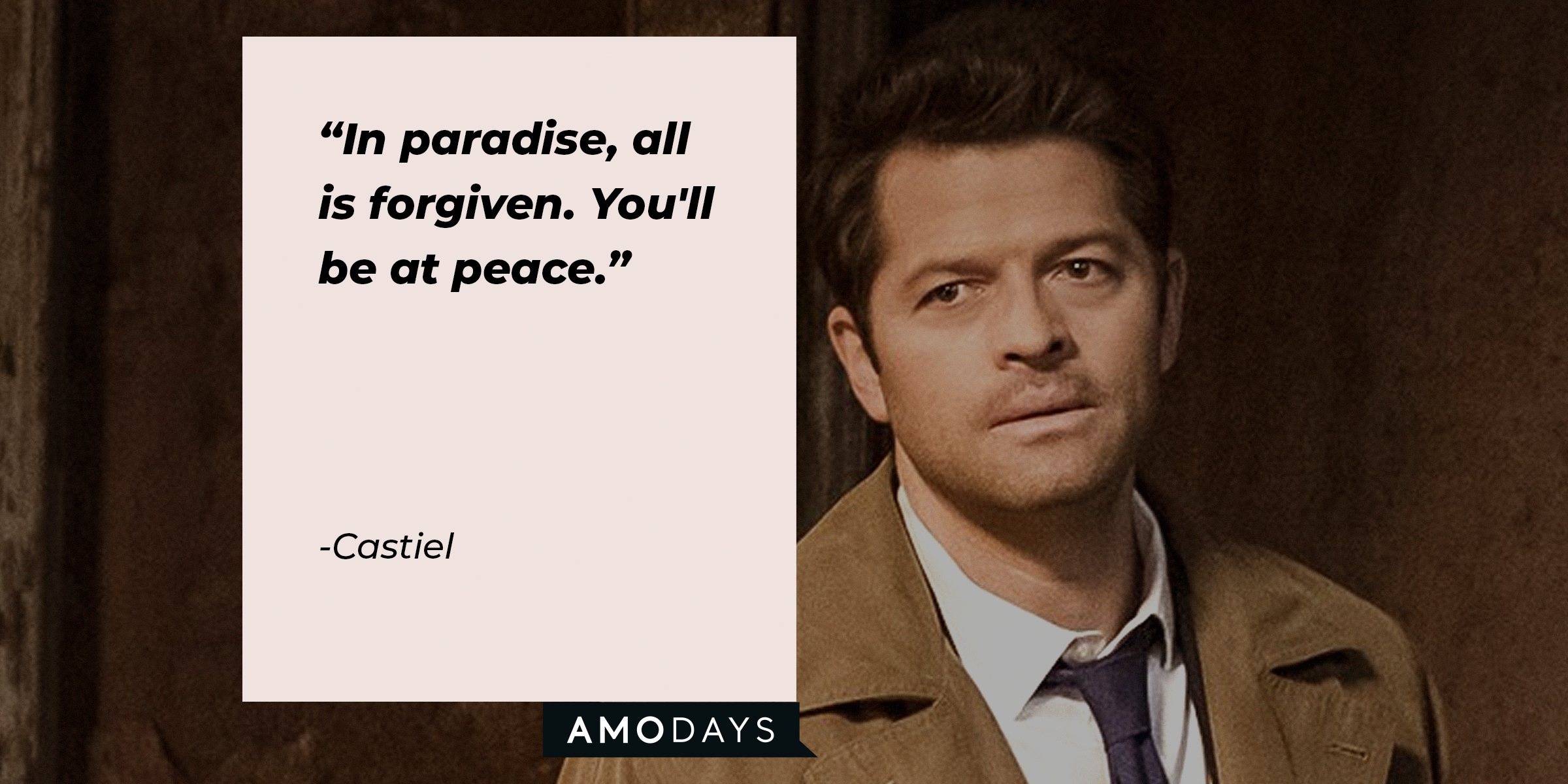 A painted image of Castiel with his quote: "In paradise, all is forgiven. You'll be at peace." | Source: facebook.com/Supernatural