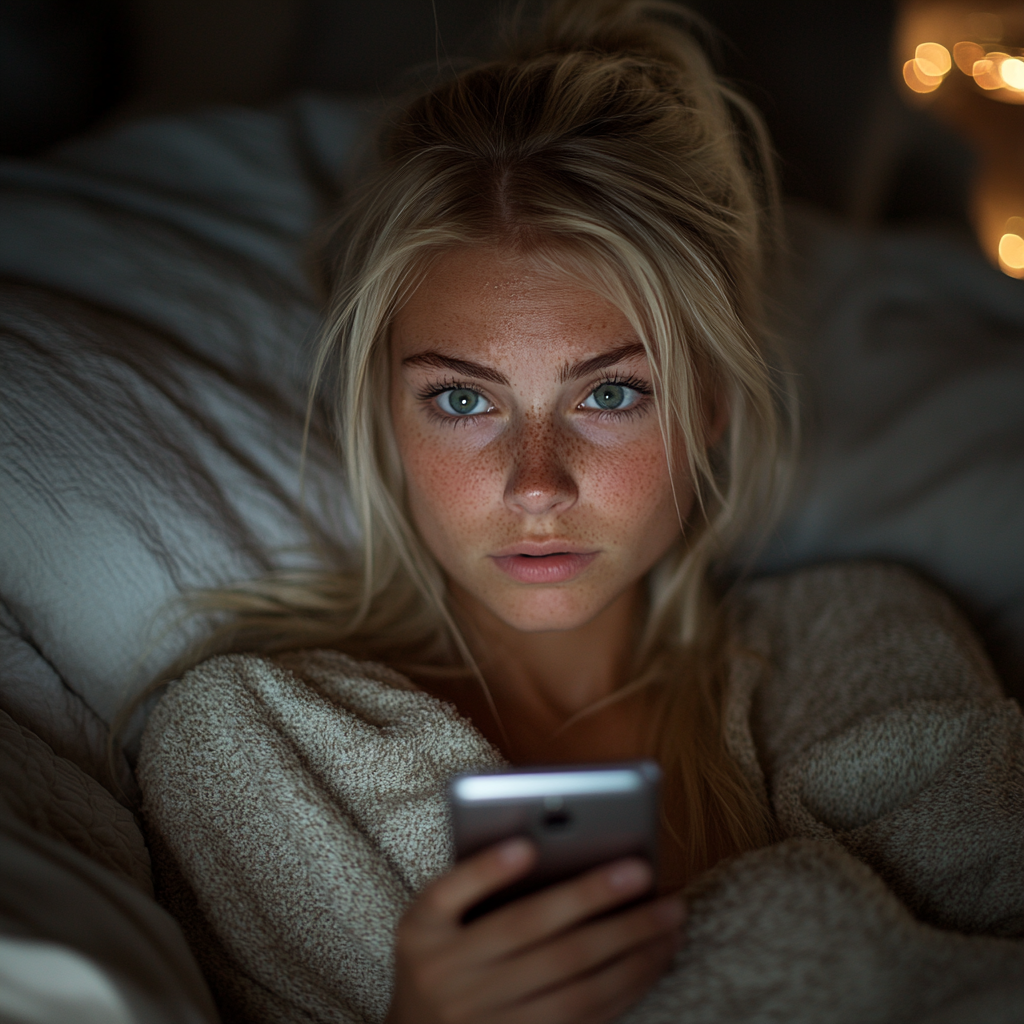 A woman on her phone in bed | Source: Midjourney