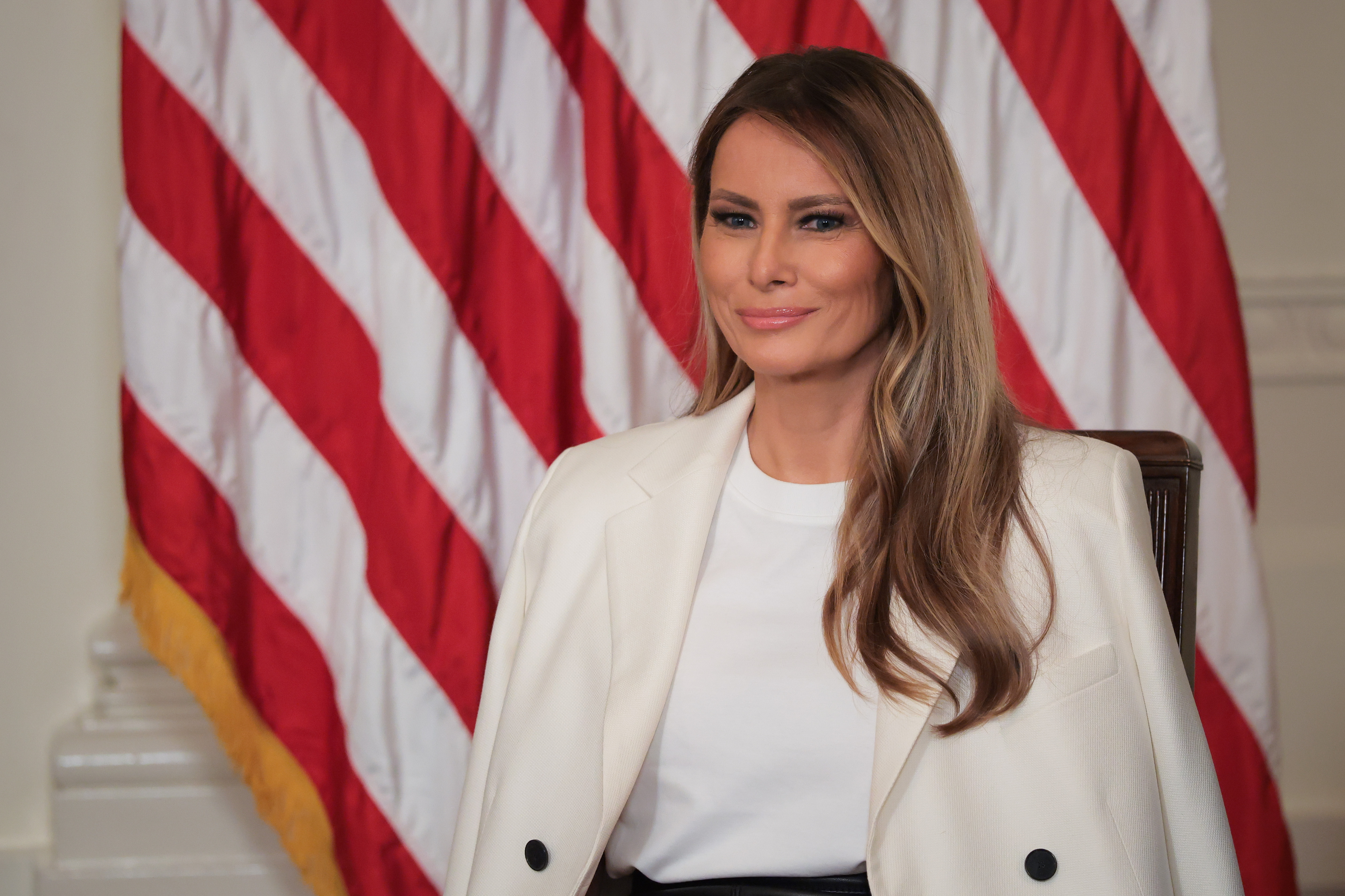 First lady Melania Trump looks on during the unveiling of a U.S. Postal Service stamp honoring former first lady Barbara Bush on May 8, 2025 | Source: Getty Images