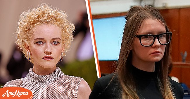 Julia Garner attends The 2021 Met Gala at Metropolitan Museum of Art, 2021, New York City [Left]. Fake German heiress Anna Sorokin led away after being sentenced in Manhattan Supreme Court May 9, 2019 [Right]. | Photo: Getty Images