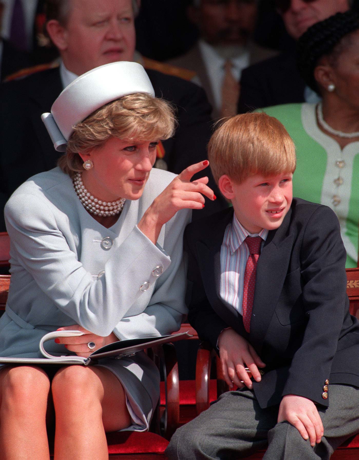 The Princess of Wales with her younger son Prince Harry during the second day of celebrations commemorating the 50th anniversary of VE day in Hyde Park, London. 