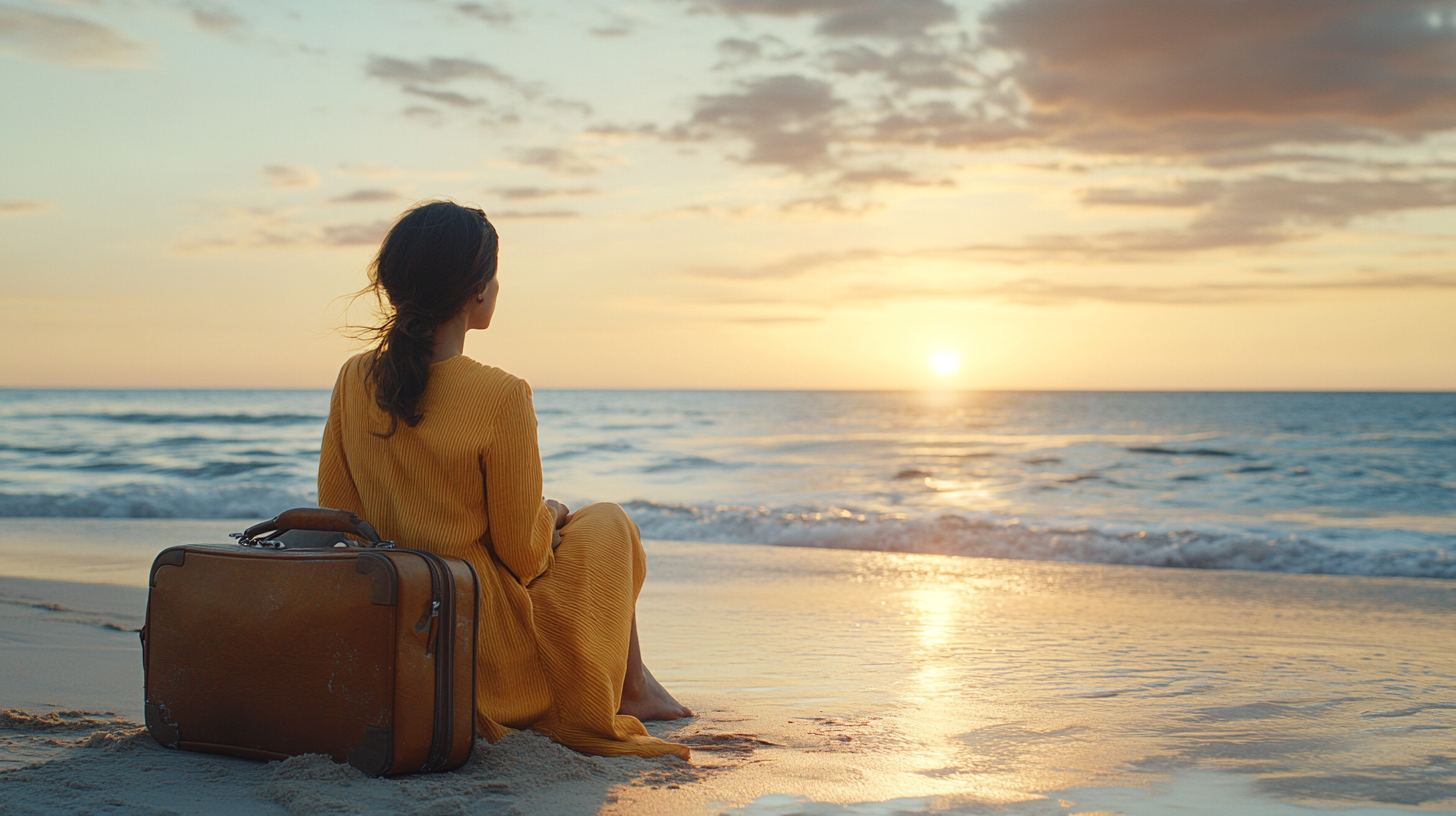 Woman with her luggage sitting on the beach | Source: Midjourney