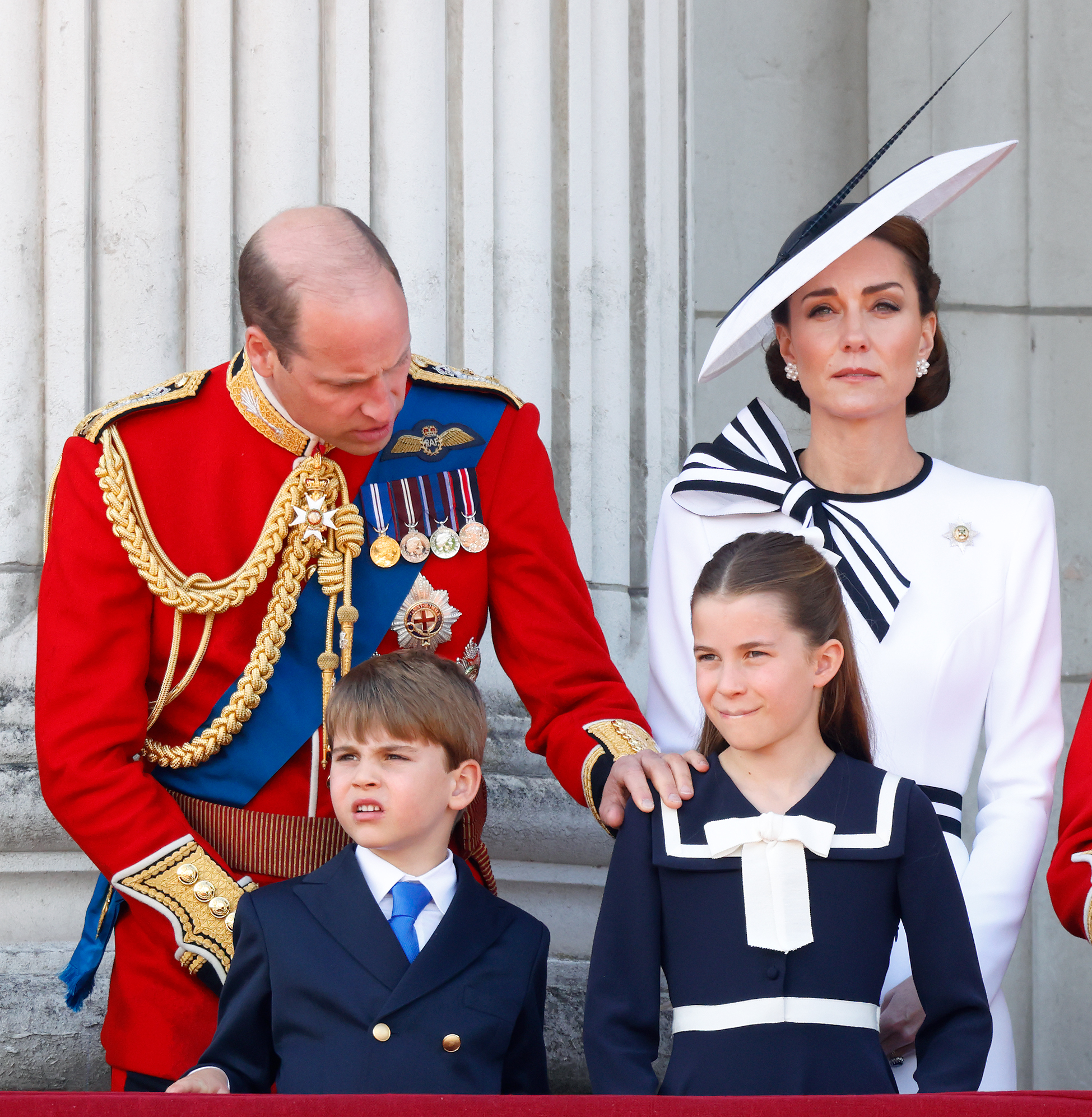 Prince William, Prince of Wales, Prince Louis of Wales, Princess Charlotte of Wales, and Catherine, Princess of Wales on the balcony of Buckingham Palace attending Trooping the Colour in London, England, on June 15, 2024. | Source: Getty Images