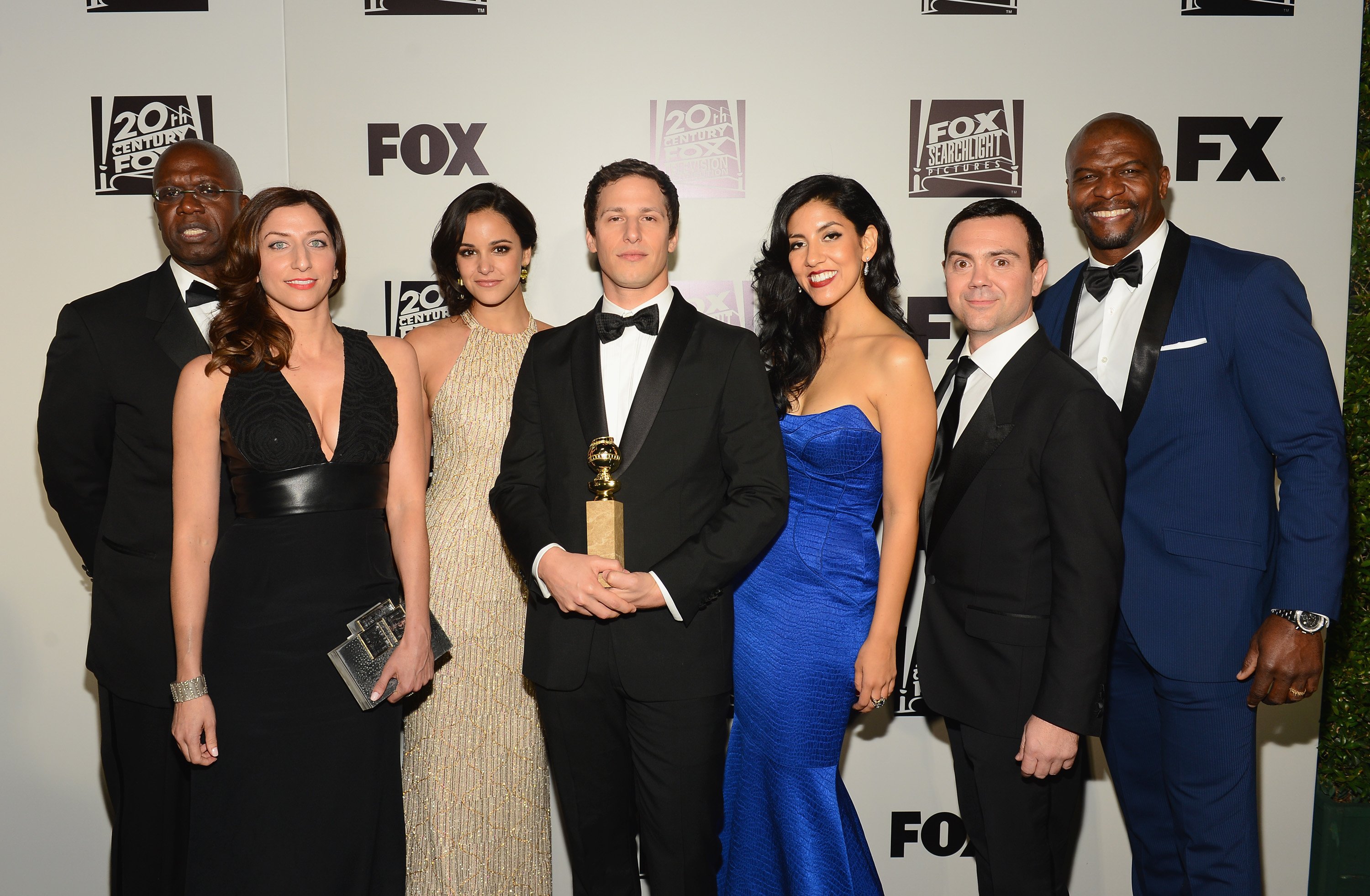 Andre Braugher, Chelsea Peretti, Melissa Fumero, Andy Samberg, Stephanie Beatriz, Joe Lo Truglio, and Terry Crews from the cast of 'Brooklyn Nine-Nine' attend the Fox And FX's 2014 Golden Globe Awards Party on January 12, 2014 in Beverly Hills, California | Photo: Getty Images