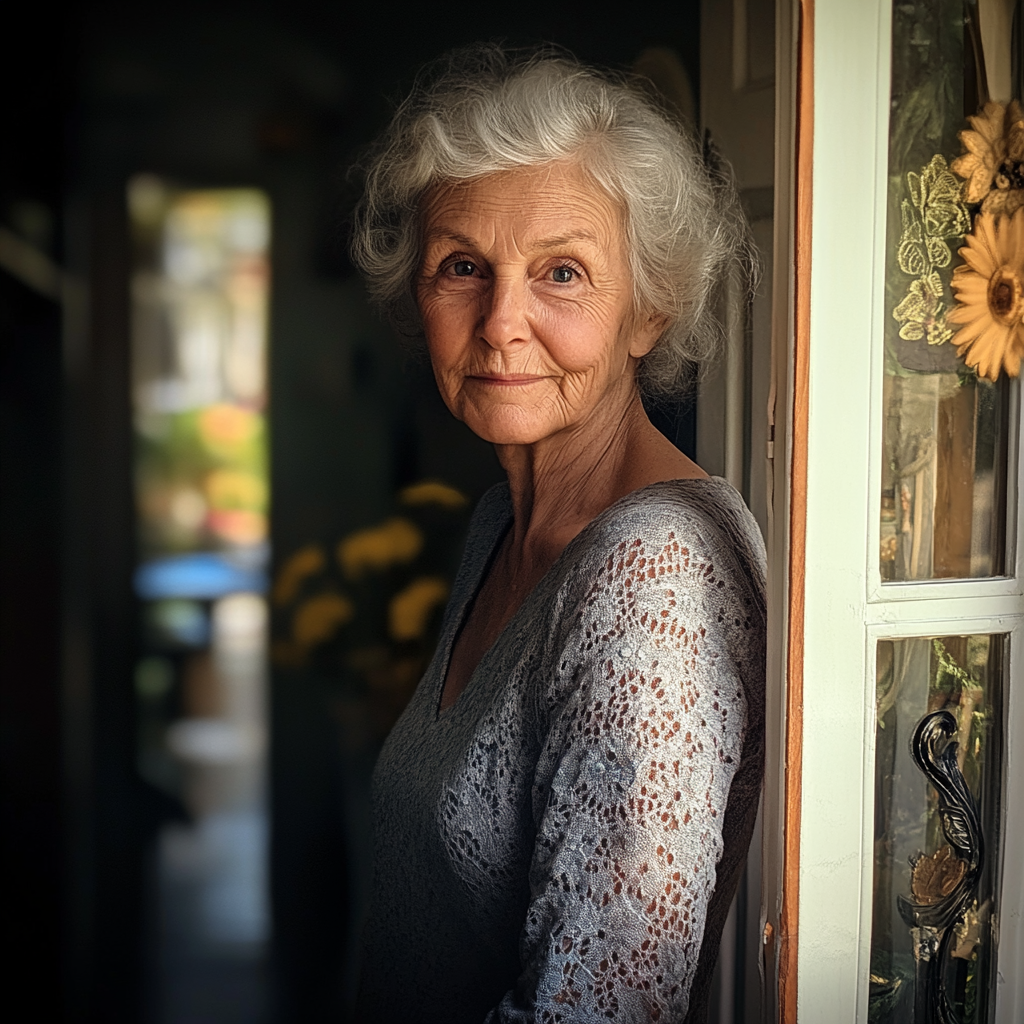 Guilty senior woman standing in her doorway | Source: Midjourney