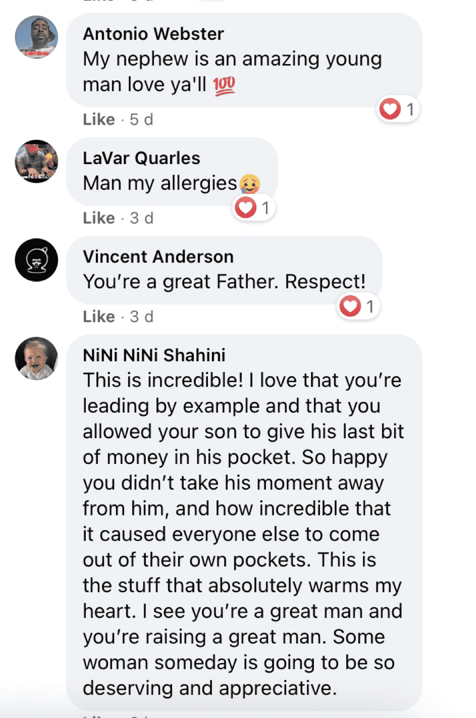 Menschen schreiben rührende Kommentare zu Smiths Post über die gutherzige Geste seines Sohnes. | Quelle: Facebook.com/therealjustice