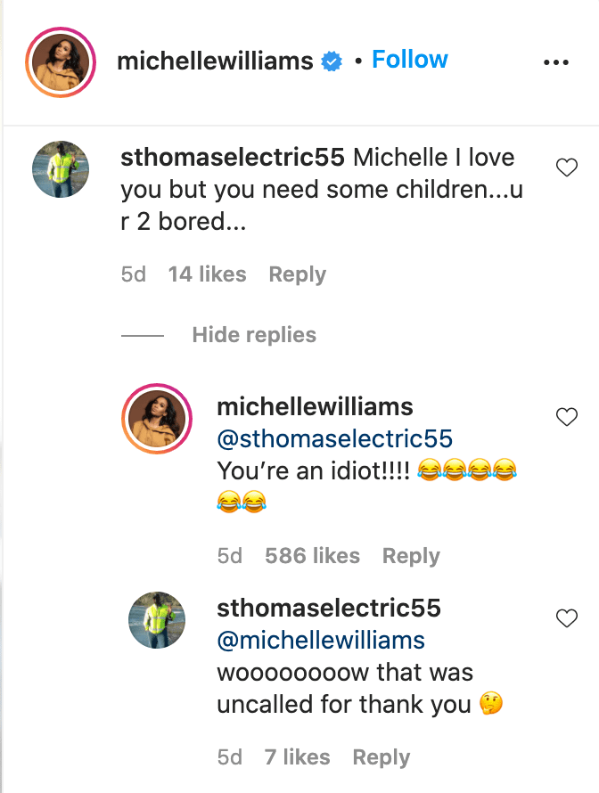 Screenshot of comments exchanged between Michelle Williams and an Instagram user. | Source: Instagram/michellewilliams