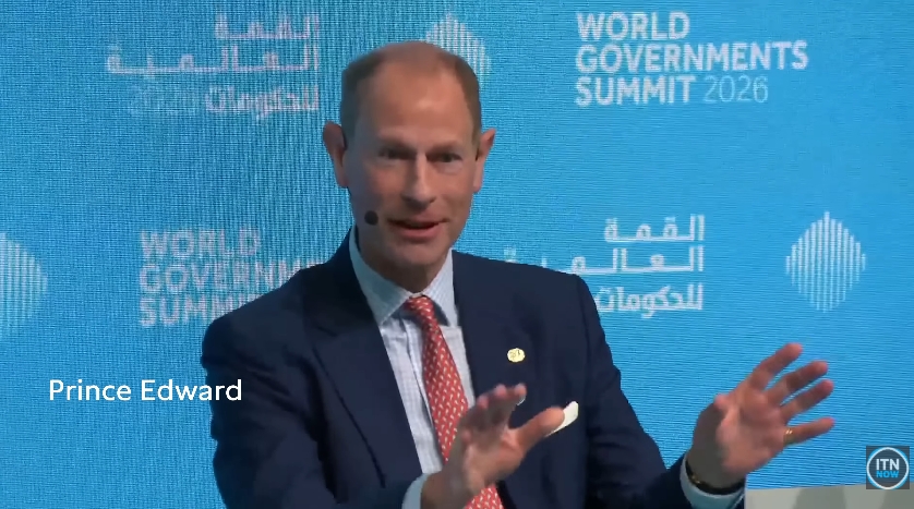 Prince Edward gestures while addressing the audience during a panel discussion at the World Governments Summit in Dubai. | Source: YouTube/ITN Now
