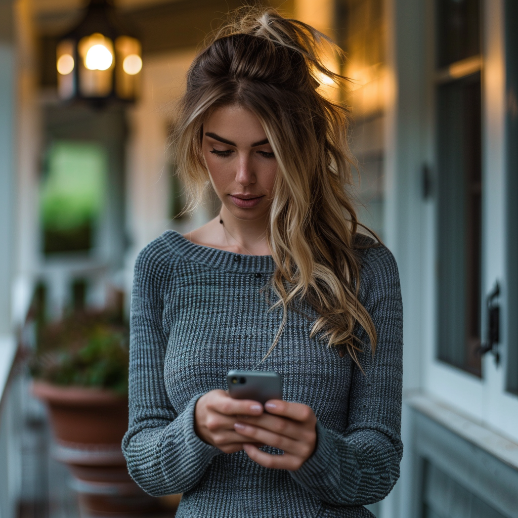 A woman checking her phone | Source: Midjourney