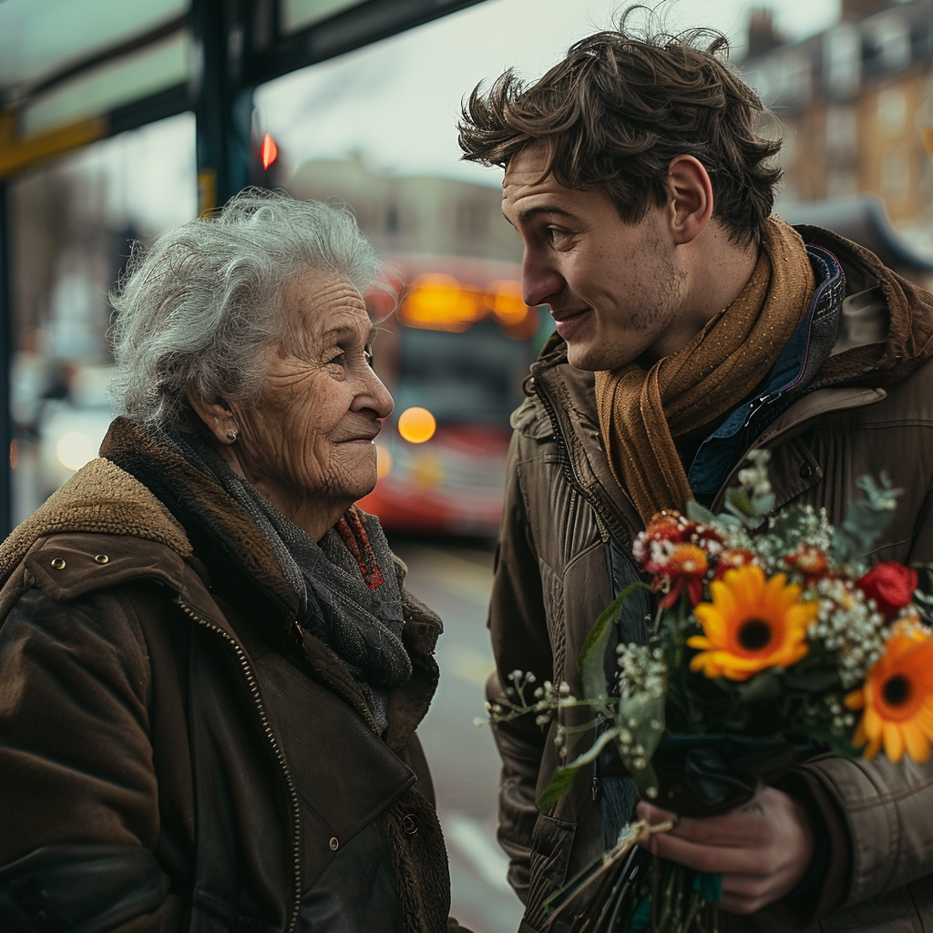 An elderly woman and a young man talking | Source: Midjourney