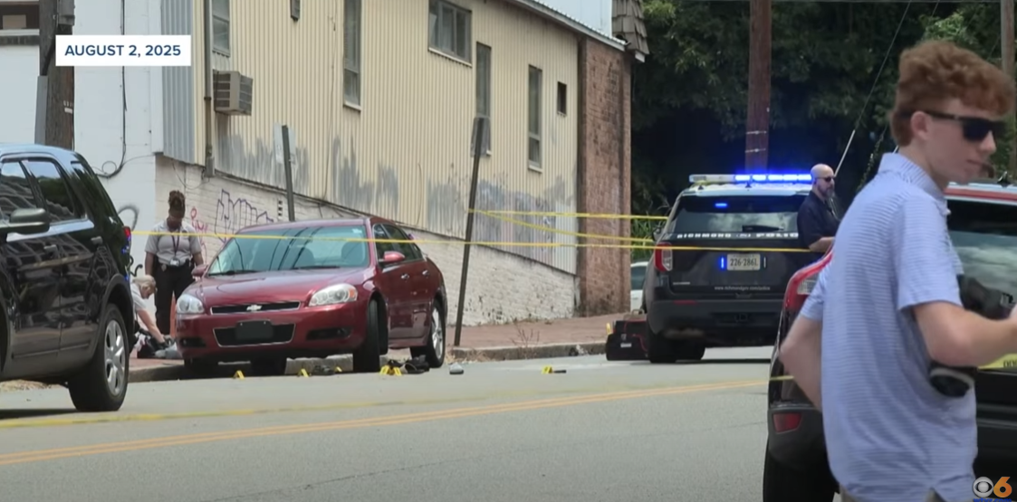Police gather at the crime scene where Adam Turck was fatally shot on August 2, 2025. | Source: YouTube/CBS 6