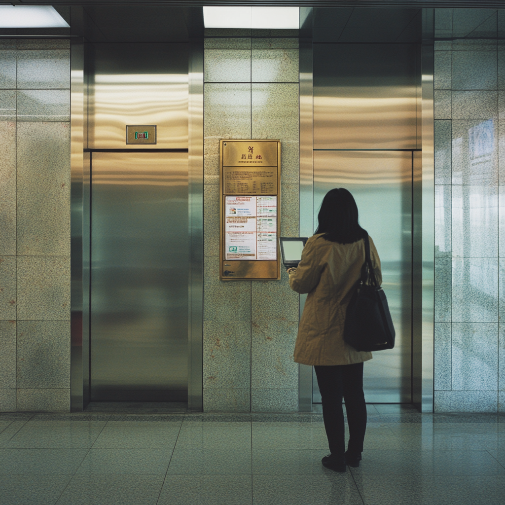 A woman studying a sign near an elevator | Source: Midjourney