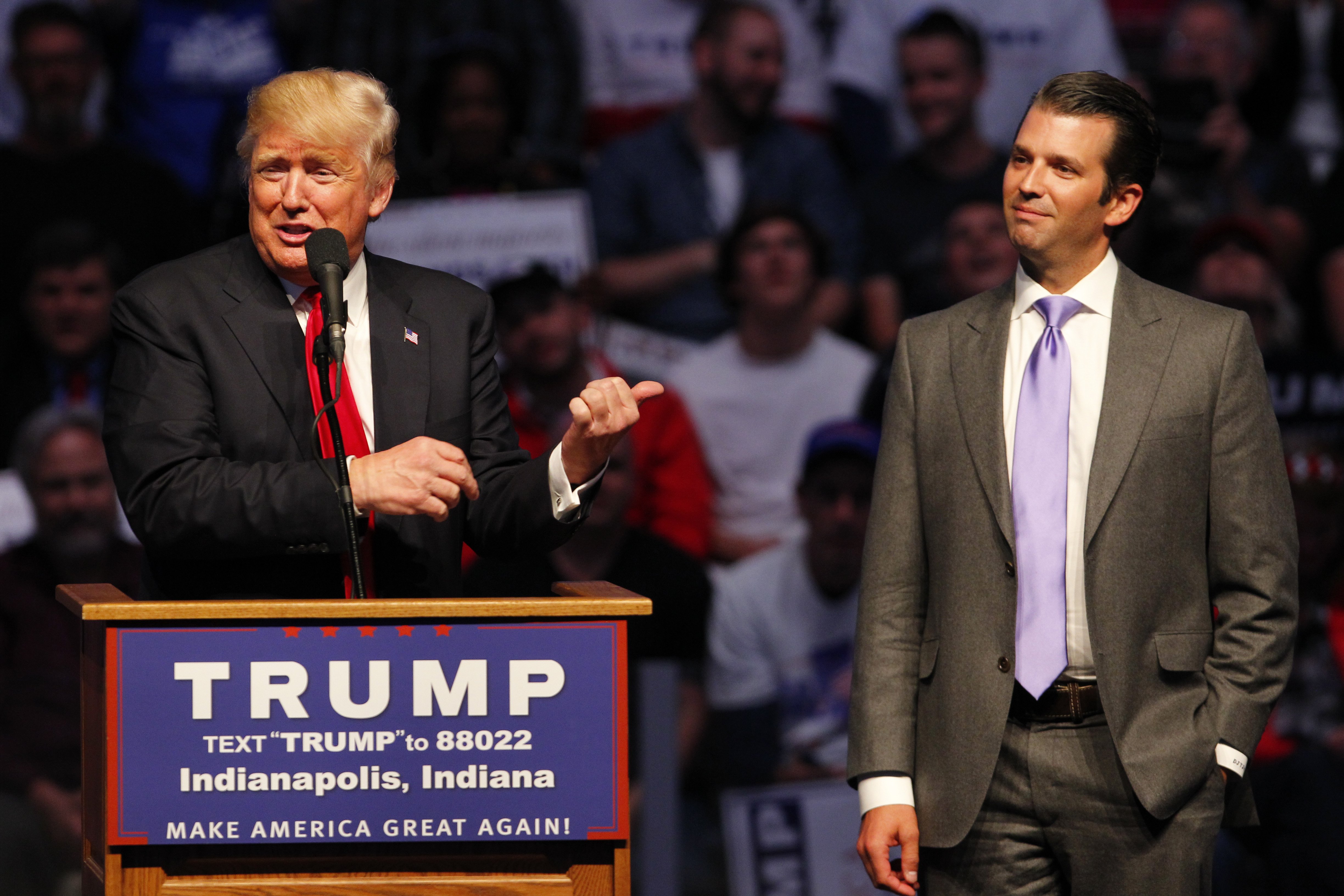 Donald Trump and his son Donald Trump Jr at a campaign rally in Indianapolis, Indiana on April 27, 2016 | Photo: Getty Images