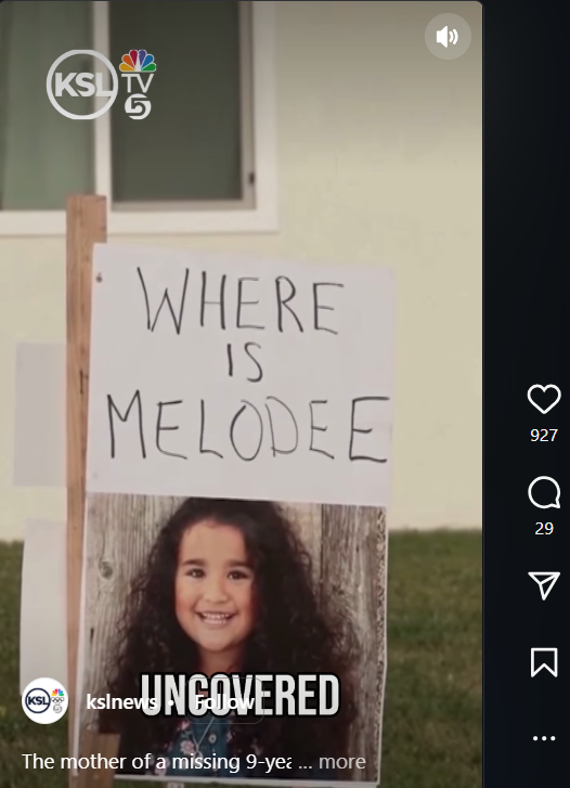 A photo of nine year old Melodee Buzzard is displayed on a sign during efforts to locate the missing child | Source: Instagram/kslnews