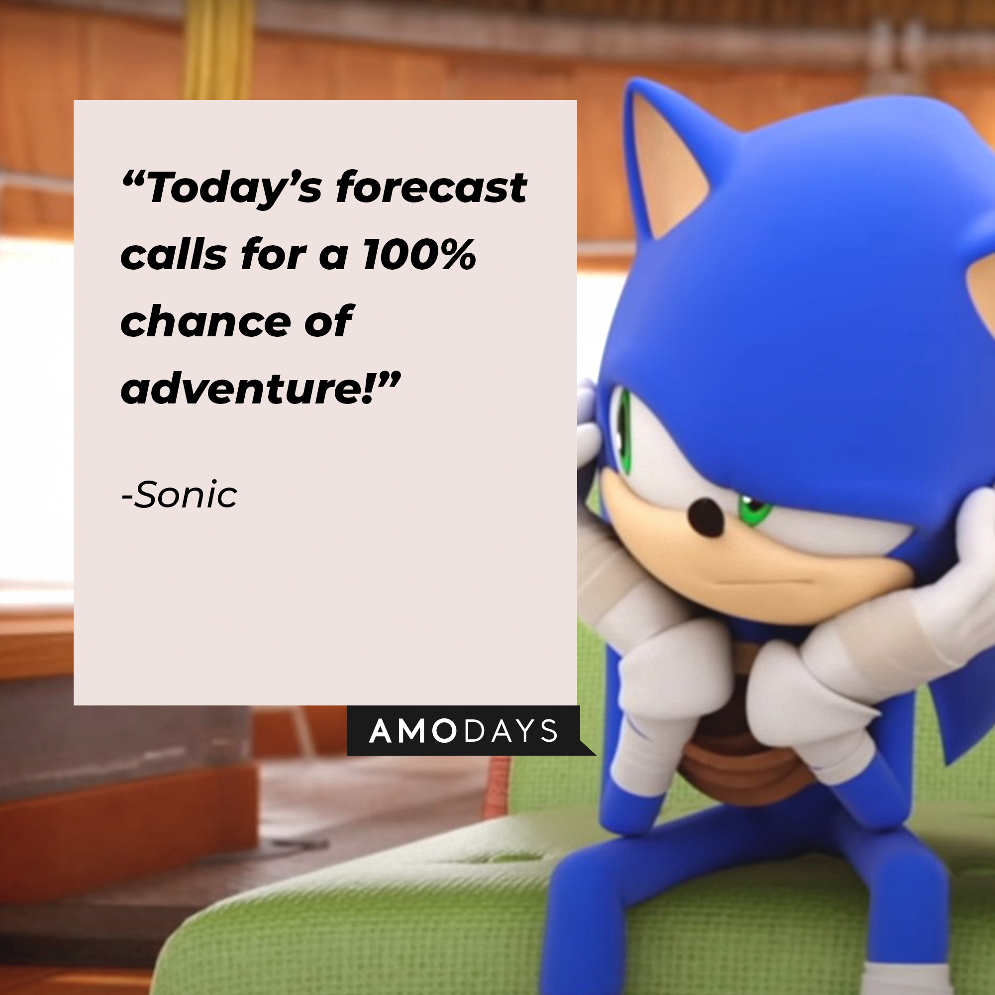 An image of Sonic the Hedgehog with his quote:“Today’s forecast calls for a 100% chance of adventure!” | Source: youtube.com/Sonic.Boom_Official