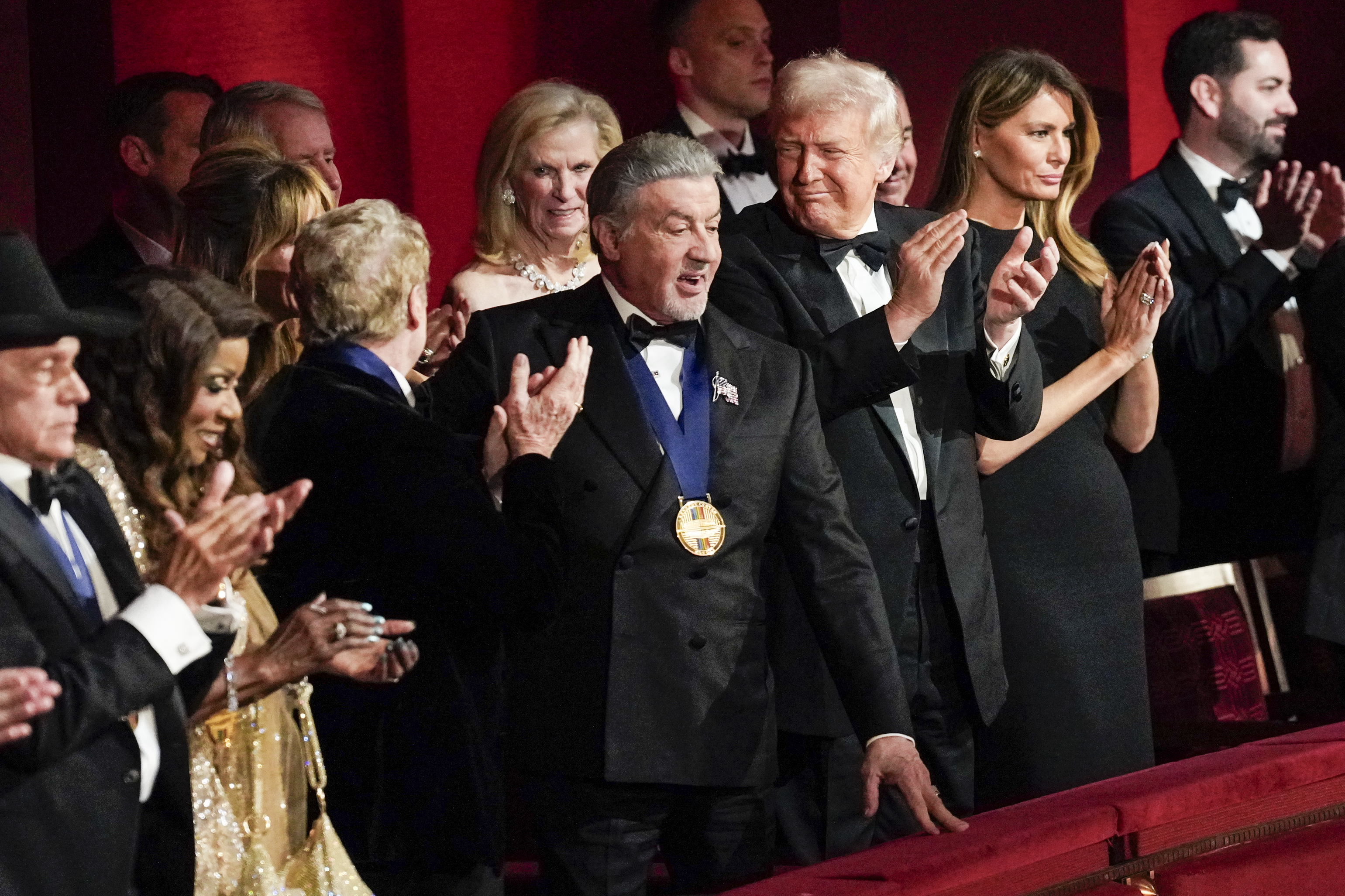 Sylvester Stallone, Donald, and Melania Trump  at The Kennedy Center on December 7, 2025 in Washington, DC | Source: Getty Images