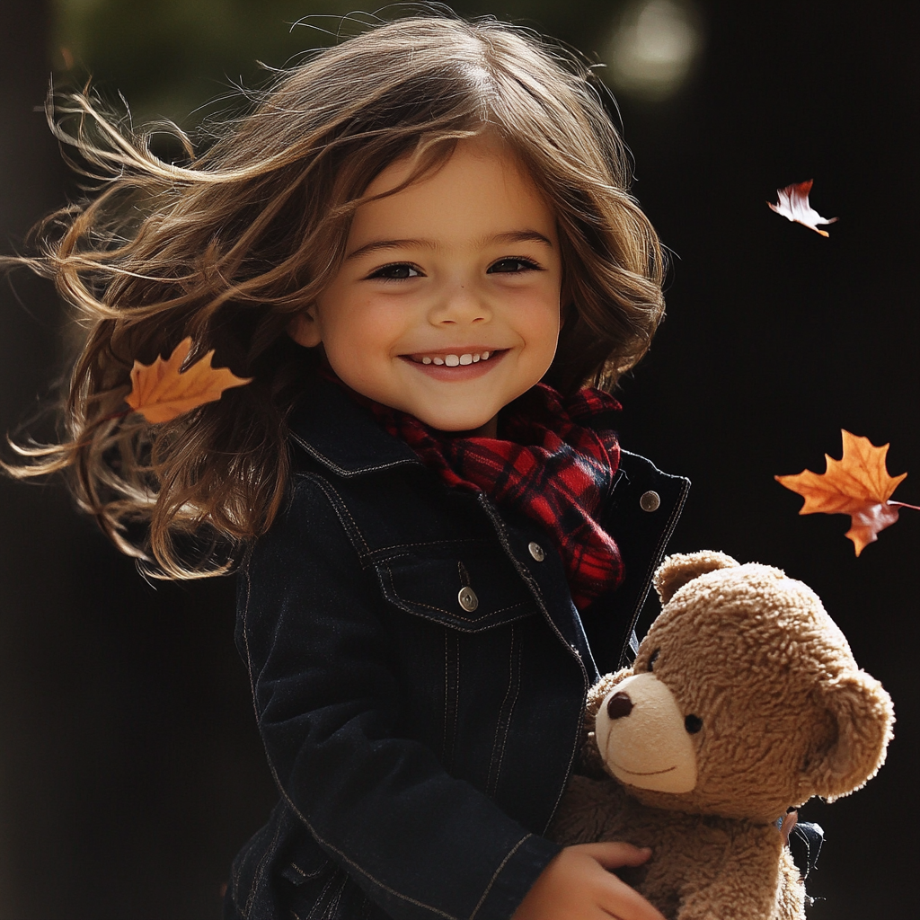 A cheerful little girl holding a teddy bear | Source: Midjourney