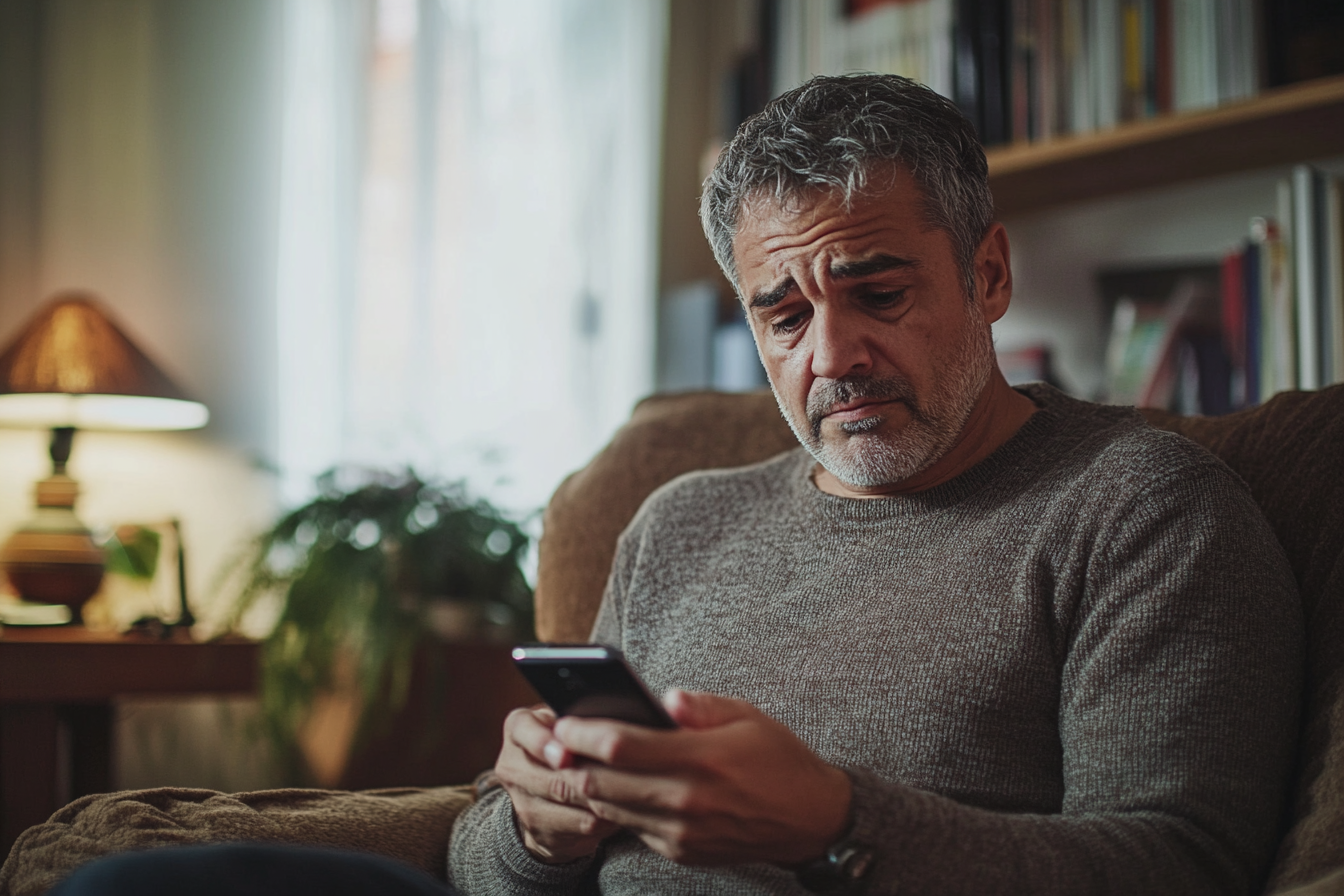 A man frowning while checking his messages | Source: Midjourney