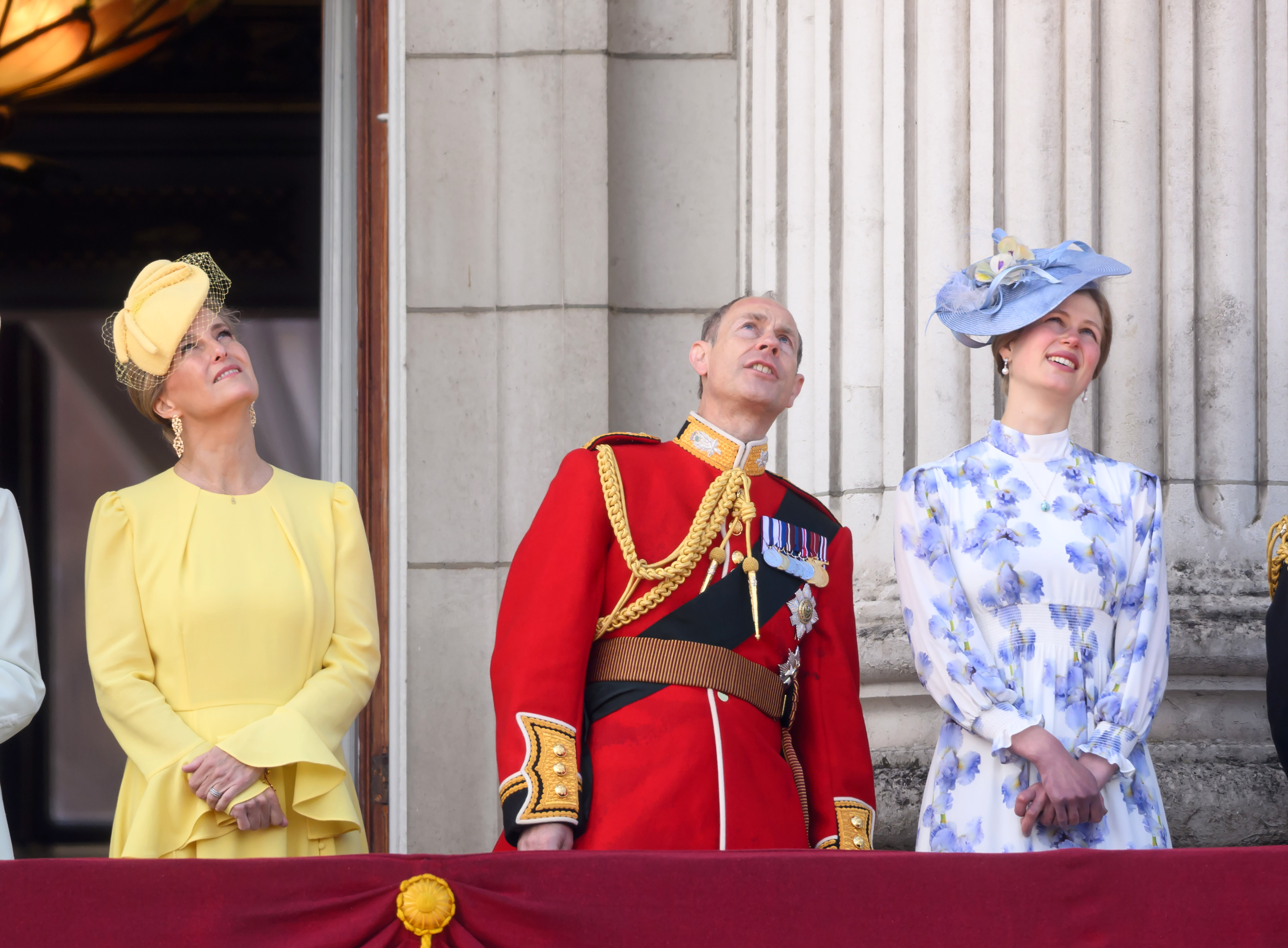 Sophie, Duchess of Edinburgh, Prince Edward, and Lady Louise Windsor look up at Trooping the Colour in London on June 15, 2024. | Source: Getty Images