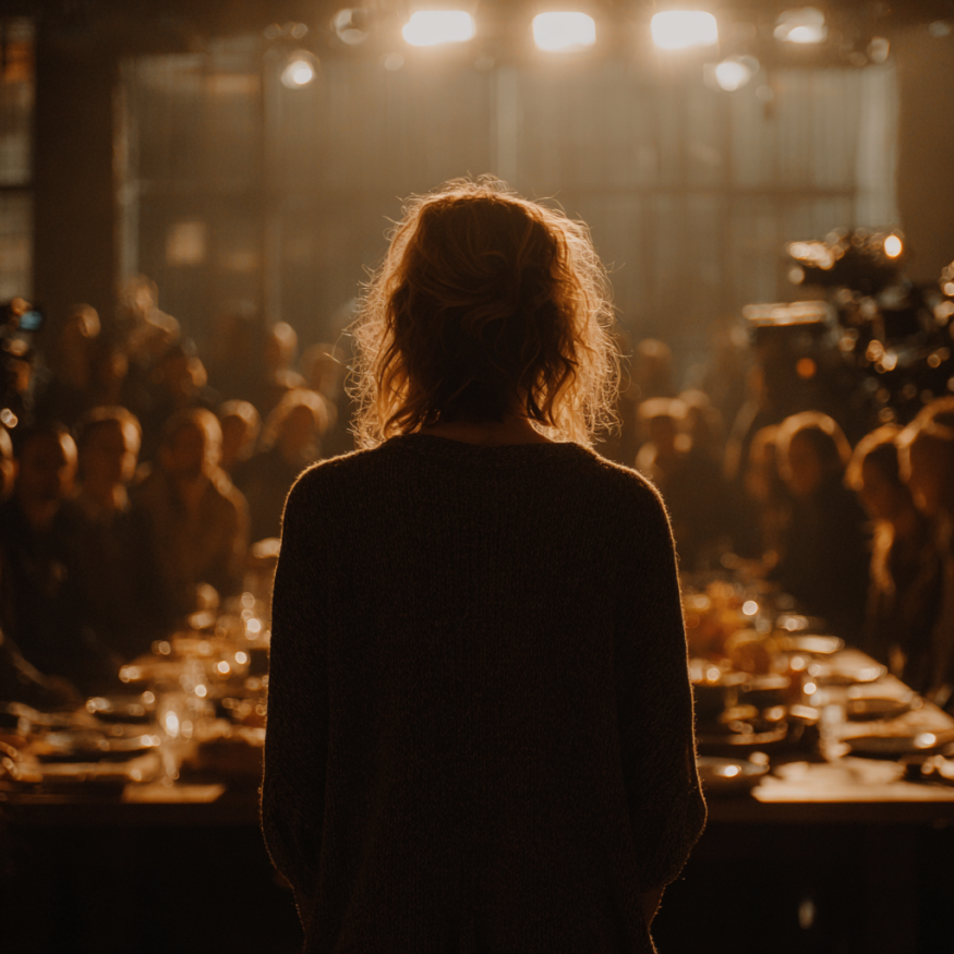 A woman standing at the head of a table | Source: Midjourney