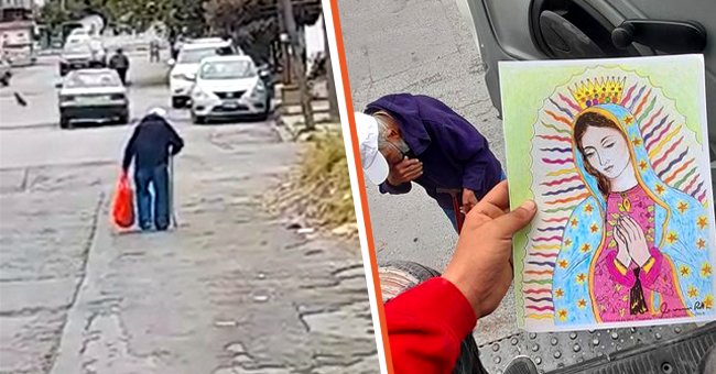 [Left] Don Armando walking down the street; [Right] A drawing of Virgin Mary with Don Armando crying in the background. | Source: facebook.com/Hector Villanueva