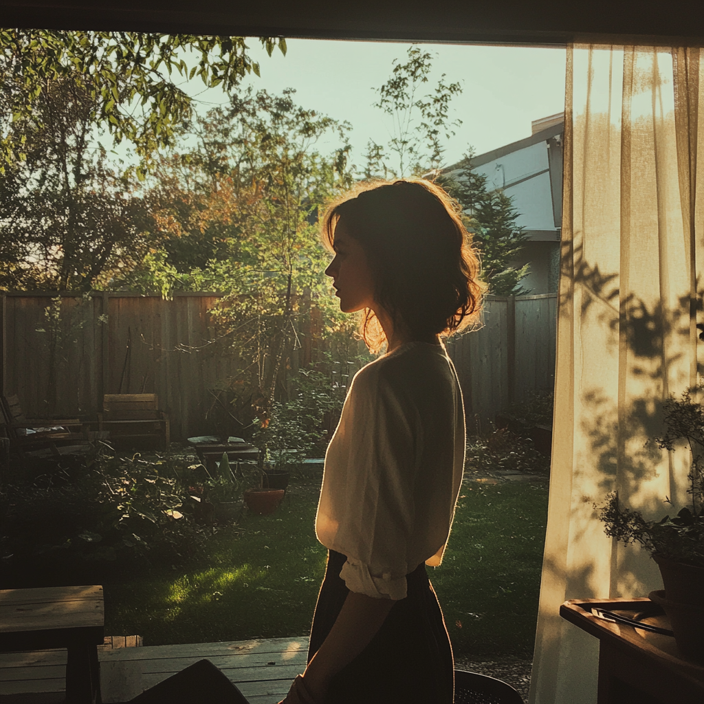 Anxious woman in the backyard. | Source: Midjourney