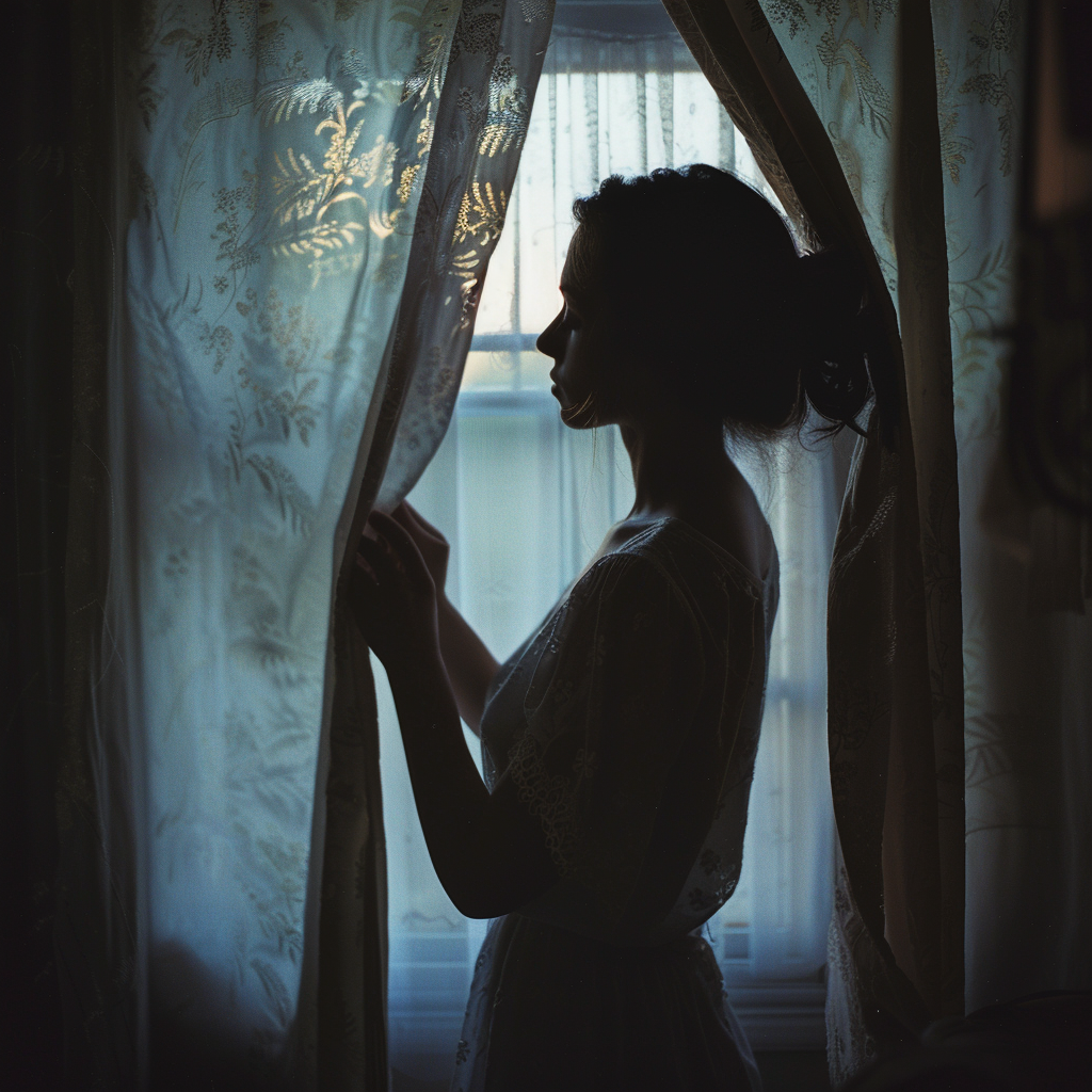 The young woman opening the curtains | Source: Midjourney