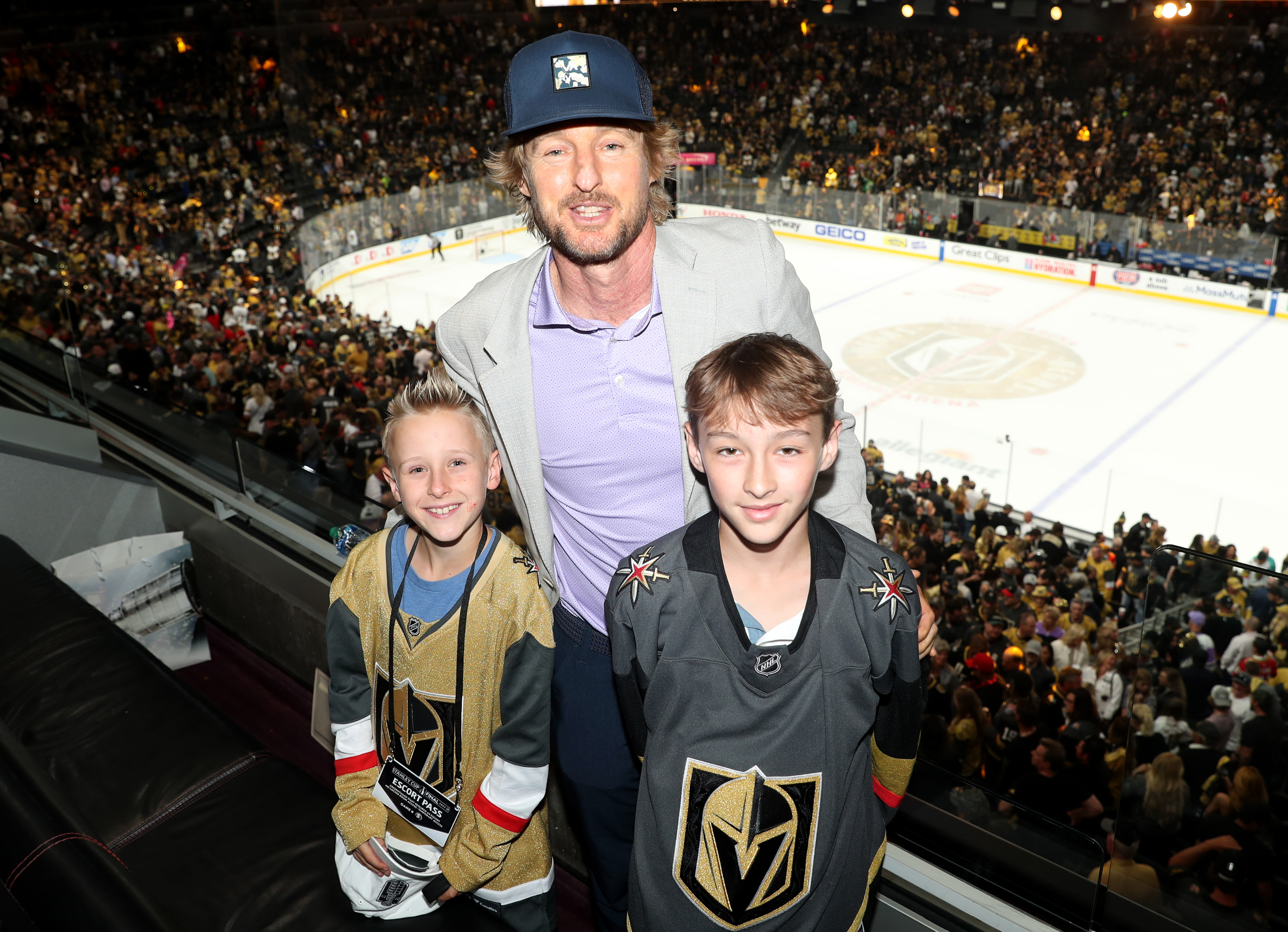 Owen Wilson, his sons, Ford and Finn, at the Game Five of the 2023 NHL Stanley Cup Final between the Vegas Golden Knights and the Florida Panthers on June 13, 2023, in Las Vegas, Nevada. | Source: Getty Images
