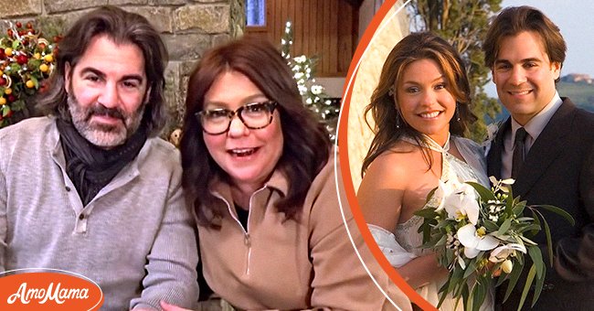 Rachael Ray and John Cusimano on the "Rachael Ray Show" on January 15, 2021 (left), Rachael Ray and John Cusimano at their wedding in Tuscany on September 24, 2005 (circle). | Source: Youtube/rachaelrayshow, Getty Images