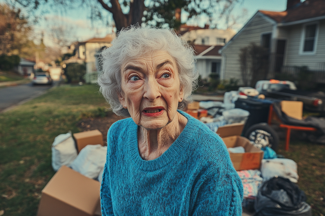 A woman in her front yard with stuff on the ground | Source: Midjourney