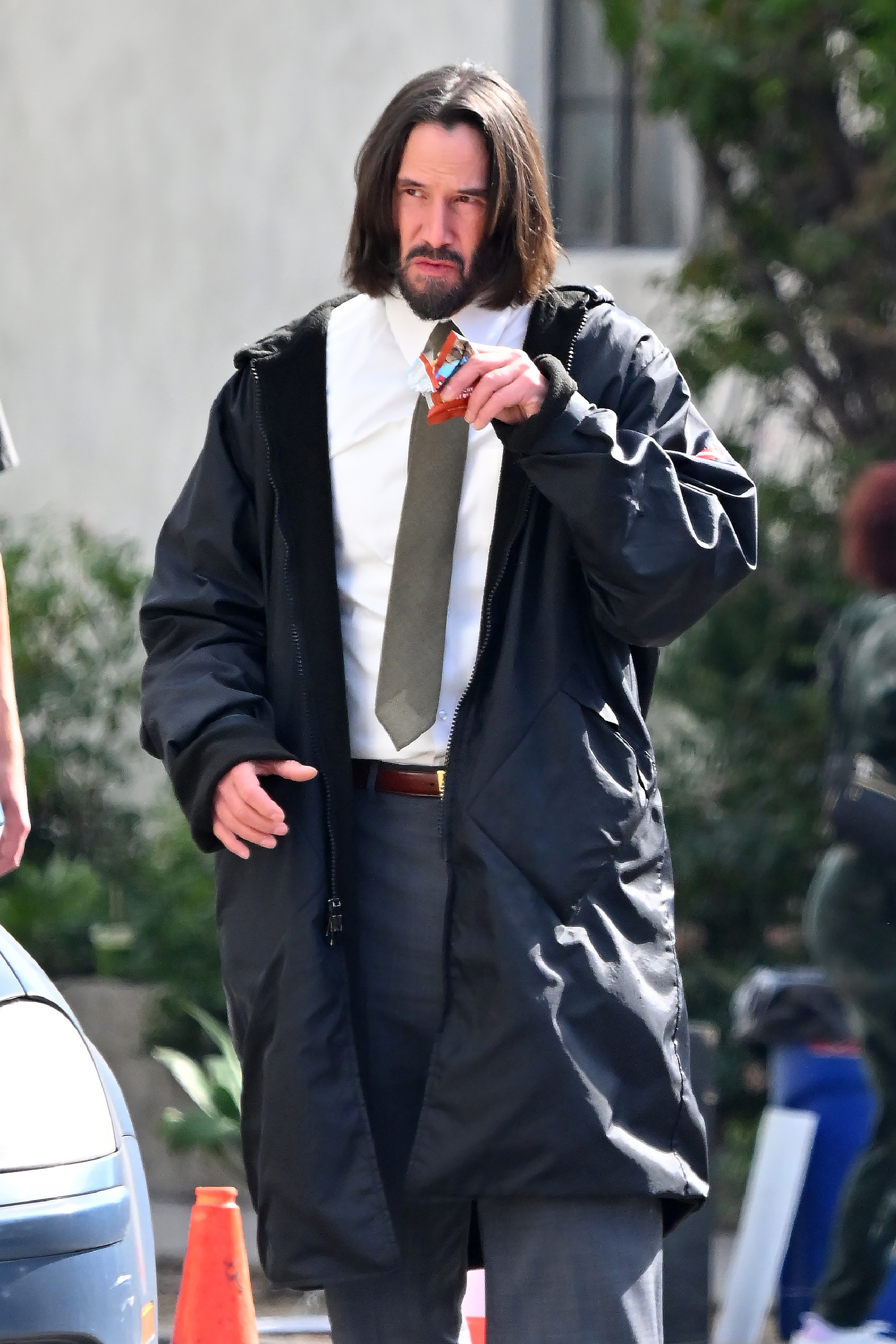 Keanu Reeves is seen on the set of 'Good Fortune' in Los Angeles, California, on February 29, 2024. | Source: Getty Images