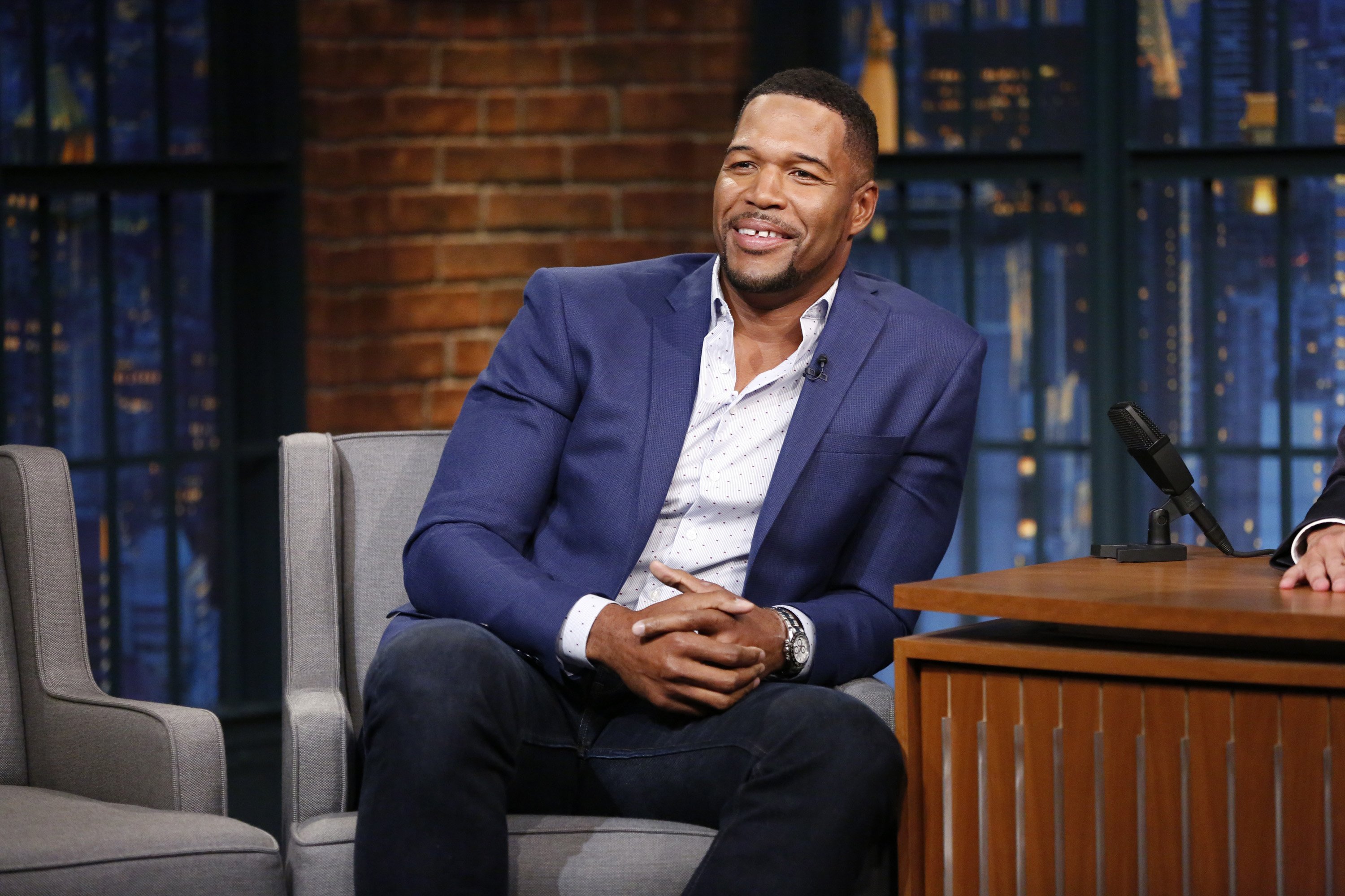 Michael Strahan during an interview on "Late Night with Seth Meyers" on October 2, 2017. | Source: Lloyd Bishop/NBCU Photo Bank/NBCUniversal via Getty Images