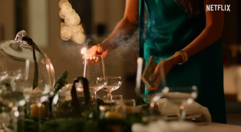 A closer view of Meghan Markle in the £1,300 "Ushuaia" Galvan dress from a video dated November 19, 2025. | Source: YouTube/Netflix