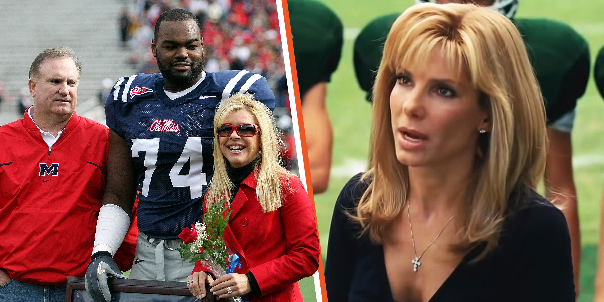 Sean Tuohy, Leigh Anne Tuohy and Michael Oher. | Source: Warner Bros. Pictures | Getty Images