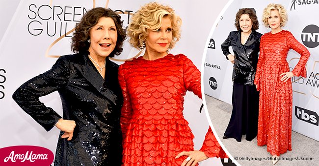 Jane Fonda flaunts $3m diamond ring while posing in a sparkling dress with Lily Tomlin