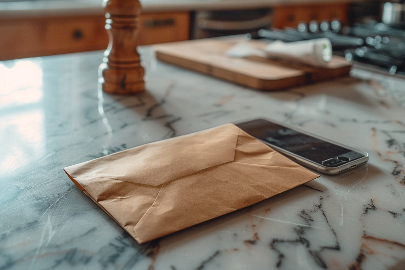 An envelope on a kitchen island | Source: Midjourney