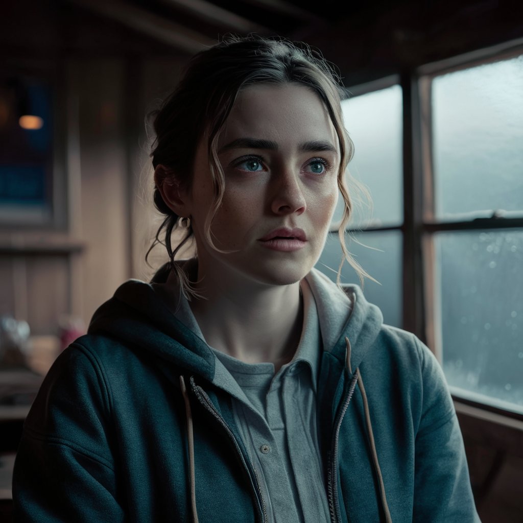 A pensive-looking young woman inside a wooden cabin | Source: Midjourney