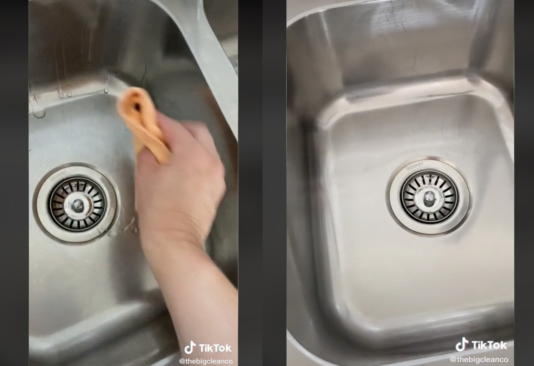 Using a few drops of baby oil and a towel to shine your metal sink. | Source: tiktok.com/@thebigcleanco